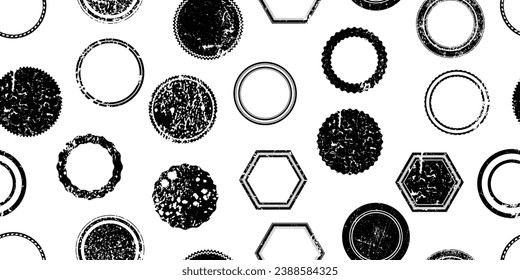 Glitch distorted grungy abstract forms . Post stamps seamless pattern texture. Grange shapes .Grunge textured . Vector shapes with circles .Screen print endless pattern texture