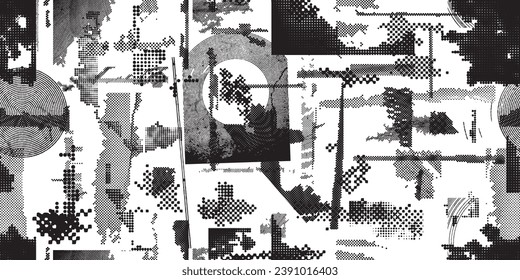 Glitch distorted grungy abstract forms . Halftone dots seamless pattern texture. Grange shapes .Grunge textured . Vector shapes with half tone dots .Screen print endless pattern texture
