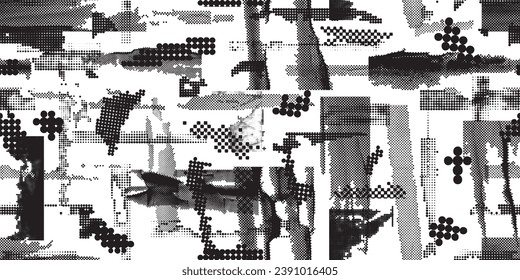 Formas abstractas de grisco distorsionadas. Los puntos de semitono tienen una textura de patrón sin fisuras. Formas negras. Grunge texturado. Formas vectoriales con puntos de medio tono .Imprimir pantalla textura de patrón interminable