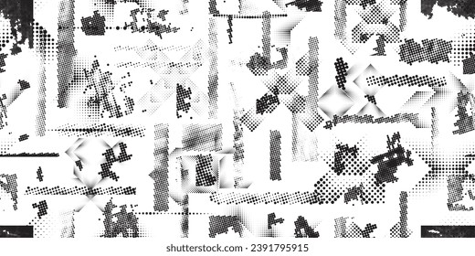 Formas abstractas de grisco distorsionadas. Los puntos de semitono tienen una textura de patrón sin fisuras. Formas negras. Grunge texturado. Formas vectoriales con puntos de medio tono .Imprimir pantalla textura de patrón interminable