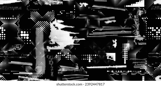 Glitch distorted grungy abstract forms . Halftone dots seamless pattern texture. Grange shapes .Grunge textured . Vector shapes with half tone dots .Screen print endless pattern texture