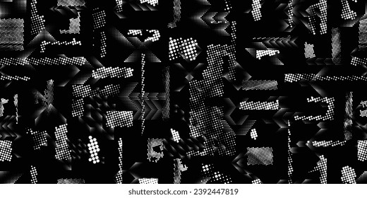 Glitch distorted grungy abstract forms . Halftone dots seamless pattern texture. Grange shapes .Grunge textured . Vector shapes with half tone dots .Screen print endless pattern texture