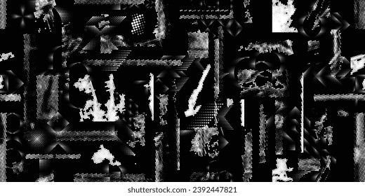 Formas abstractas de grisco distorsionadas. Los puntos de semitono tienen una textura de patrón sin fisuras. Formas negras. Grunge texturado. Formas vectoriales con puntos de medio tono .Imprimir pantalla textura de patrón interminable