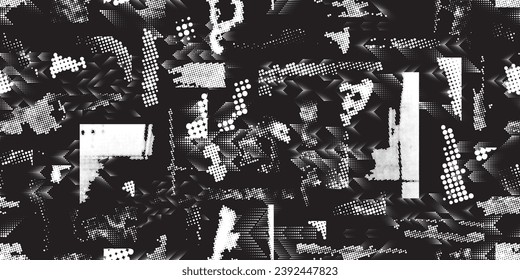 Glitch verzerrte grungy abstrakte Formen . Halftone schneidet nahtlose Muster-Textur ab. Grange Formen .Grunge strukturiert. Vektorformen mit Halbtonpunkten .Siebdruck-Endlosmuster-Struktur