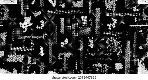 Formas abstractas de grisco distorsionadas. Los puntos de semitono tienen una textura de patrón sin fisuras. Formas negras. Grunge texturado. Formas vectoriales con puntos de medio tono .Imprimir pantalla textura de patrón interminable