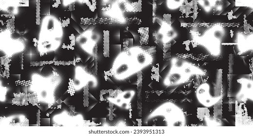 Formas abstractas de grisco distorsionadas. Los puntos de semitono tienen una textura de patrón sin fisuras. Formas negras. Grunge texturado. Formas vectoriales con puntos de medio tono .Imprimir pantalla textura de patrón interminable