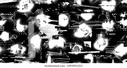 Glitch distorted grungy abstract forms . Halftone dots seamless pattern texture. Grange shapes .Grunge textured . Vector shapes with half tone dots .Screen print endless pattern texture