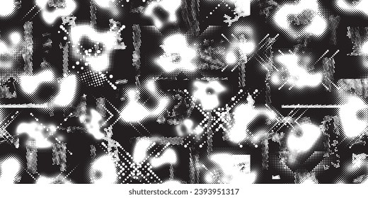 Glitch distorted grungy abstract forms . Halftone dots seamless pattern texture. Grange shapes .Grunge textured . Vector shapes with half tone dots .Screen print endless pattern texture