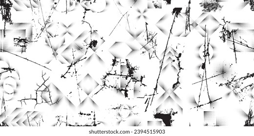 Glitch distorted grungy abstract forms . Halftone dots seamless pattern texture. Grange shapes .Grunge textured . Vector shapes with half tone dots .Screen print endless pattern texture
