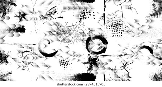 Glitch distorted grungy abstract forms . Halftone dots seamless pattern texture. Grange shapes .Grunge textured . Vector shapes with half tone dots .Screen print endless pattern texture