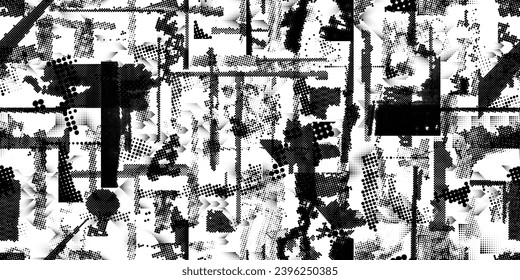 Glitch distorted grungy abstract forms . Halftone dots seamless pattern texture. Grange shapes .Grunge textured . Vector shapes with half tone dots .Screen print endless pattern texture