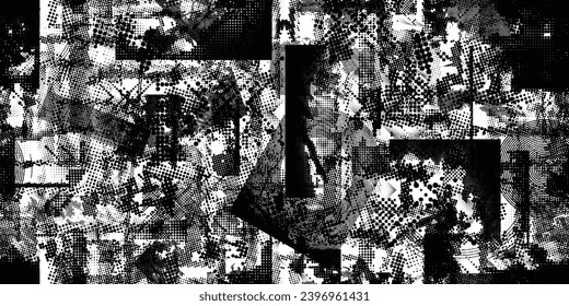 Glitch distorted grungy abstract forms . Halftone dots seamless pattern texture. Grange shapes .Grunge textured . Vector shapes with half tone dots .Screen print endless pattern texture