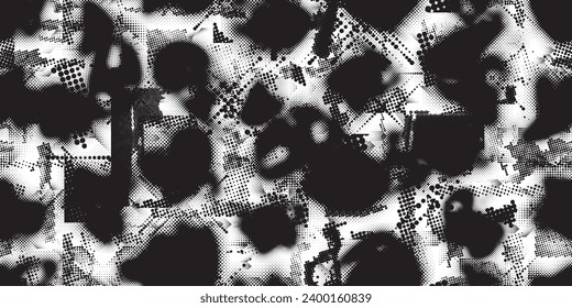 Formas abstractas de grisco distorsionadas. Los puntos de semitono tienen una textura de patrón sin fisuras. Formas negras. Grunge texturado. Formas vectoriales con puntos de medio tono .Imprimir pantalla textura de patrón interminable