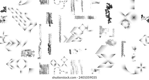 Formas abstractas de grisco distorsionadas. Los puntos de semitono tienen una textura de patrón sin fisuras. Formas negras. Grunge texturado. Formas vectoriales con puntos de medio tono .Imprimir pantalla textura de patrón interminable