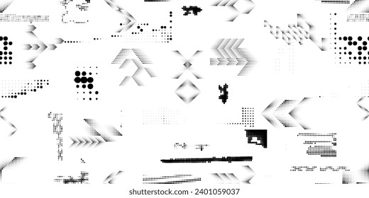 Formas abstractas de grisco distorsionadas. Los puntos de semitono tienen una textura de patrón sin fisuras. Formas negras. Grunge texturado. Formas vectoriales con puntos de medio tono .Imprimir pantalla textura de patrón interminable