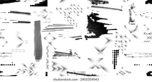 Glitch distorted grungy abstract forms . Halftone dots seamless pattern texture. Grange shapes .Grunge textured . Vector shapes with half tone dots .Screen print endless pattern texture