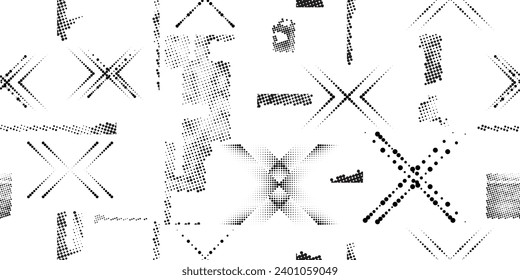 Glitch distorted grungy abstract forms . Halftone dots seamless pattern texture. Grange shapes .Grunge textured . Vector shapes with half tone dots .Screen print endless pattern texture