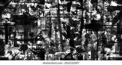 Glitch distorted grungy abstract forms . Halftone dots seamless pattern texture. Grange shapes .Grunge textured . Vector shapes with half tone dots .Screen print endless pattern texture