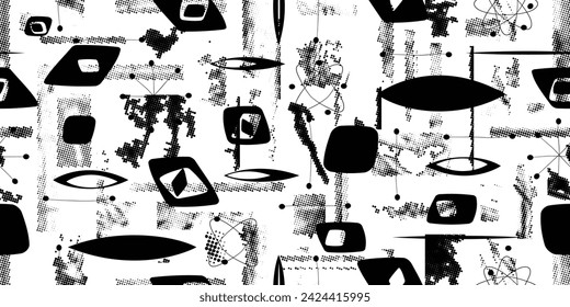 Glitch distorted grungy abstract forms . Halftone dots seamless pattern texture. Grange shapes .Grunge textured . Vector shapes with half tone dots .Screen print endless pattern texture