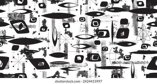 Glitch distorted grungy abstract forms . Halftone dots seamless pattern texture. Grange shapes .Grunge textured . Vector shapes with half tone dots .Screen print endless pattern texture