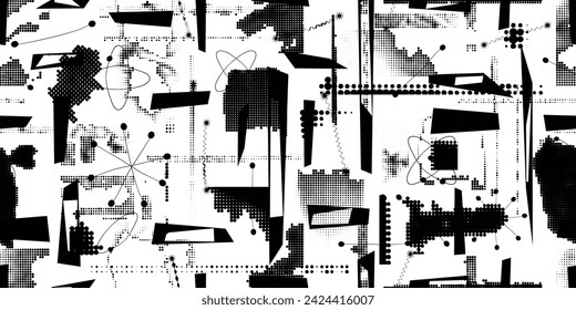 Glitch distorted grungy abstract forms . Halftone dots seamless pattern texture. Grange shapes .Grunge textured . Vector shapes with half tone dots .Screen print endless pattern texture