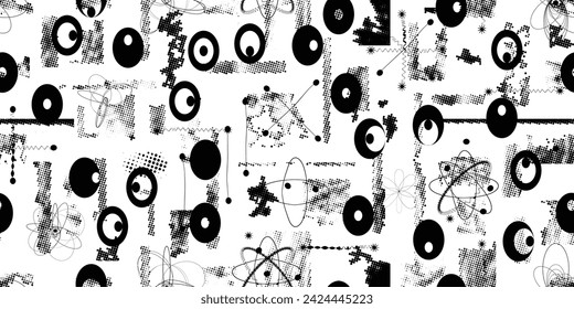 Glitch distorted grungy abstract forms . Halftone dots seamless pattern texture. Grange shapes .Grunge textured . Vector shapes with half tone dots .Screen print endless pattern texture