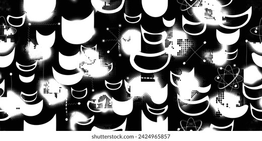 Glitch distorted grungy abstract forms . Halftone dots seamless pattern texture. Grange shapes .Grunge textured . Vector shapes with half tone dots .Screen print endless pattern texture