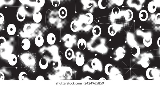 Glitch distorted grungy abstract forms . Halftone dots seamless pattern texture. Grange shapes .Grunge textured . Vector shapes with half tone dots .Screen print endless pattern texture
