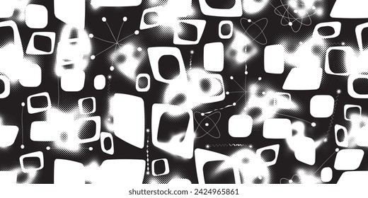 Glitch distorted grungy abstract forms . Halftone dots seamless pattern texture. Grange shapes .Grunge textured . Vector shapes with half tone dots .Screen print endless pattern texture