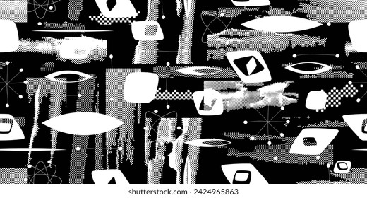 Glitch distorsionado grungy formas abstractas . Textura de patrón sin fisuras de puntos de semitonos. Grange formas .Grunge texturizado . Formas vectoriales con puntos de medio tono. Impresión de pantalla sin fin textura de patrón