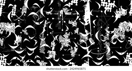Glitch distorted grungy abstract forms . Halftone dots seamless pattern texture. Grange shapes .Grunge textured . Vector shapes with half tone dots .Screen print endless pattern texture