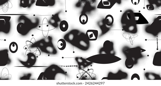 Glitch distorted grungy abstract forms . Halftone dots seamless pattern texture. Grange shapes .Grunge textured . Vector shapes with half tone dots .Screen print endless pattern texture