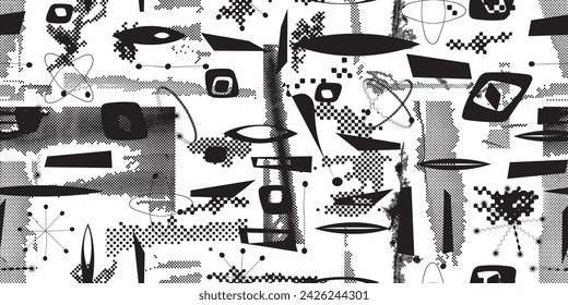 Glitch distorted grungy abstract forms . Halftone dots seamless pattern texture. Grange shapes .Grunge textured . Vector shapes with half tone dots .Screen print endless pattern texture