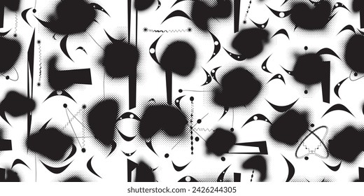 Glitch distorted grungy abstract forms . Halftone dots seamless pattern texture. Grange shapes .Grunge textured . Vector shapes with half tone dots .Screen print endless pattern texture