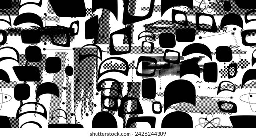 Glitch distorted grungy abstract forms . Halftone dots seamless pattern texture. Grange shapes .Grunge textured . Vector shapes with half tone dots .Screen print endless pattern texture
