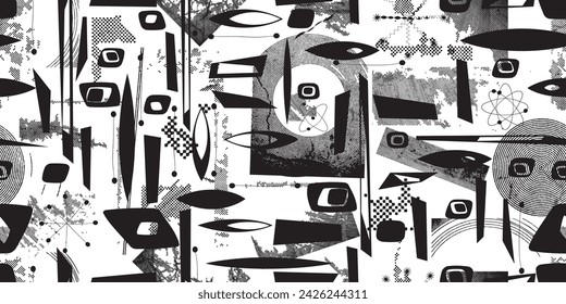 Glitch distorted grungy abstract forms . Halftone dots seamless pattern texture. Grange shapes .Grunge textured . Vector shapes with half tone dots .Screen print endless pattern texture