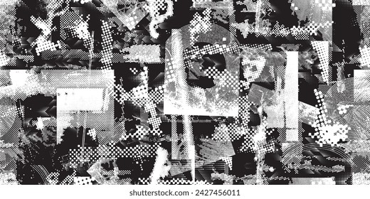 Glitch distorted grungy abstract forms . Halftone dots seamless pattern texture. Grange shapes .Grunge textured . Vector shapes with half tone dots .Screen print endless pattern texture