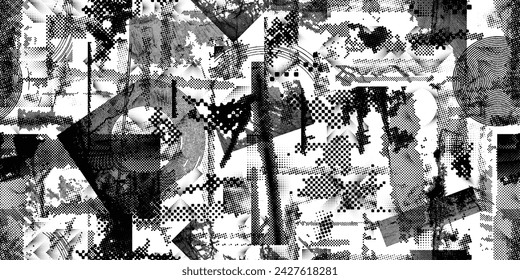 Glitch distorted grungy abstract forms . Halftone dots seamless pattern texture. Grange shapes .Grunge textured . Vector shapes with half tone dots .Screen print endless pattern texture