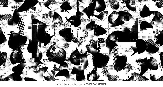 Glitch distorsionado grungy formas abstractas . Textura de patrón sin fisuras de puntos de semitonos. Grange formas .Grunge texturizado . Formas vectoriales con puntos de medio tono. Impresión de pantalla sin fin textura de patrón