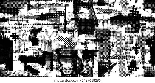 Glitch distorted grungy abstract forms . Halftone dots seamless pattern texture. Grange shapes .Grunge textured . Vector shapes with half tone dots .Screen print endless pattern texture