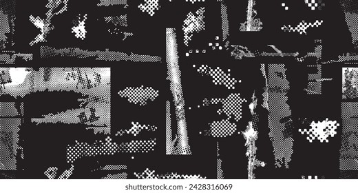 Glitch distorted grungy abstract forms . Halftone dots seamless pattern texture. Grange shapes .Grunge textured . Vector shapes with half tone dots .Screen print endless pattern texture