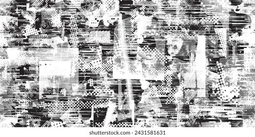 Glitch distorted grungy abstract forms . Blob shape organic seamless pattern texture. Fluid shapes .Grunge textured . Liquid vector shapes with speed lines .Screen print endless pattern texture