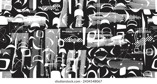 Glitch distorted grungy abstract forms . Halftone dots seamless pattern texture. Grange shapes .Grunge textured . Vector shapes with half tone dots .Screen print endless pattern texture