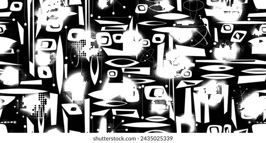 Glitch distorted grungy abstract forms . Halftone dots seamless pattern texture. Grange shapes .Grunge textured . Vector shapes with half tone dots .Screen print endless pattern texture