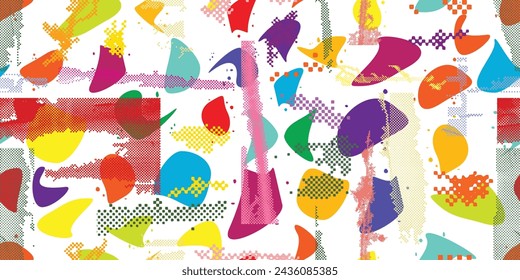 Glitch distorted grungy abstract forms . Halftone dots seamless pattern texture. Grange shapes .Grunge textured . Vector shapes with half tone dots .Screen print endless pattern texture