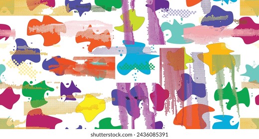 Glitch distorted grungy abstract forms . Halftone dots seamless pattern texture. Grange shapes .Grunge textured . Vector shapes with half tone dots .Screen print endless pattern texture