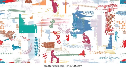 Glitch verzerrte grungy abstrakte Formen. Nahtlose Muster-Textur mit Rasterpunkten. Grau-Formen .Grunge strukturiert . Vektor-Formen mit Halbton-Punkten. Bildschirm drucken endlose Muster-Textur