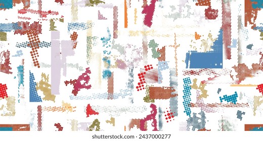 Glitch distorted grungy abstract forms . Halftone dots seamless pattern texture. Grange shapes .Grunge textured . Vector shapes with half tone dots .Screen print endless pattern texture