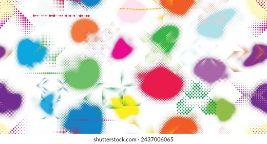 Glitch distorted grungy abstract forms . Halftone dots seamless pattern texture. Grange shapes .Grunge textured . Vector shapes with half tone dots .Screen print endless pattern texture