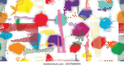 Glitch distorted grungy abstract forms . Halftone dots seamless pattern texture. Grange shapes .Grunge textured . Vector shapes with half tone dots .Screen print endless pattern texture